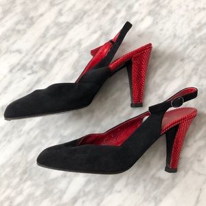 Charles Jourdan black suede and red heels